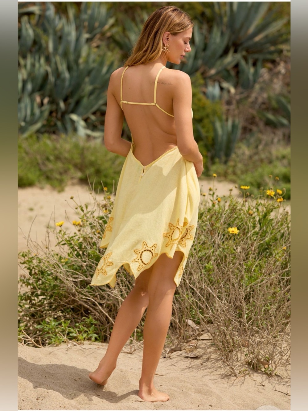 Celandine Linen Blend Halter Asymmetric Eyelet Sundress in Pineapple (M) - Picture 2 of 8